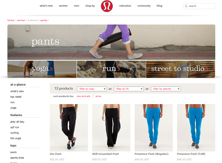 Homepage of Lululemon showing its current options for yoga pants, following its Luon recall.