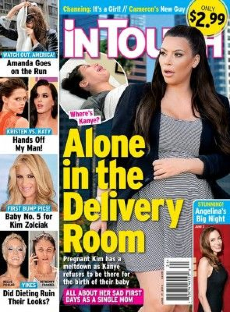 Kim on the latest cover of InTouch, Kanye's absence form the delivery room is apparently "Kim's worst nightmare."