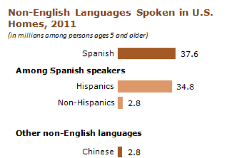 A graph of non-English languages spoken in US homes in 2011.
