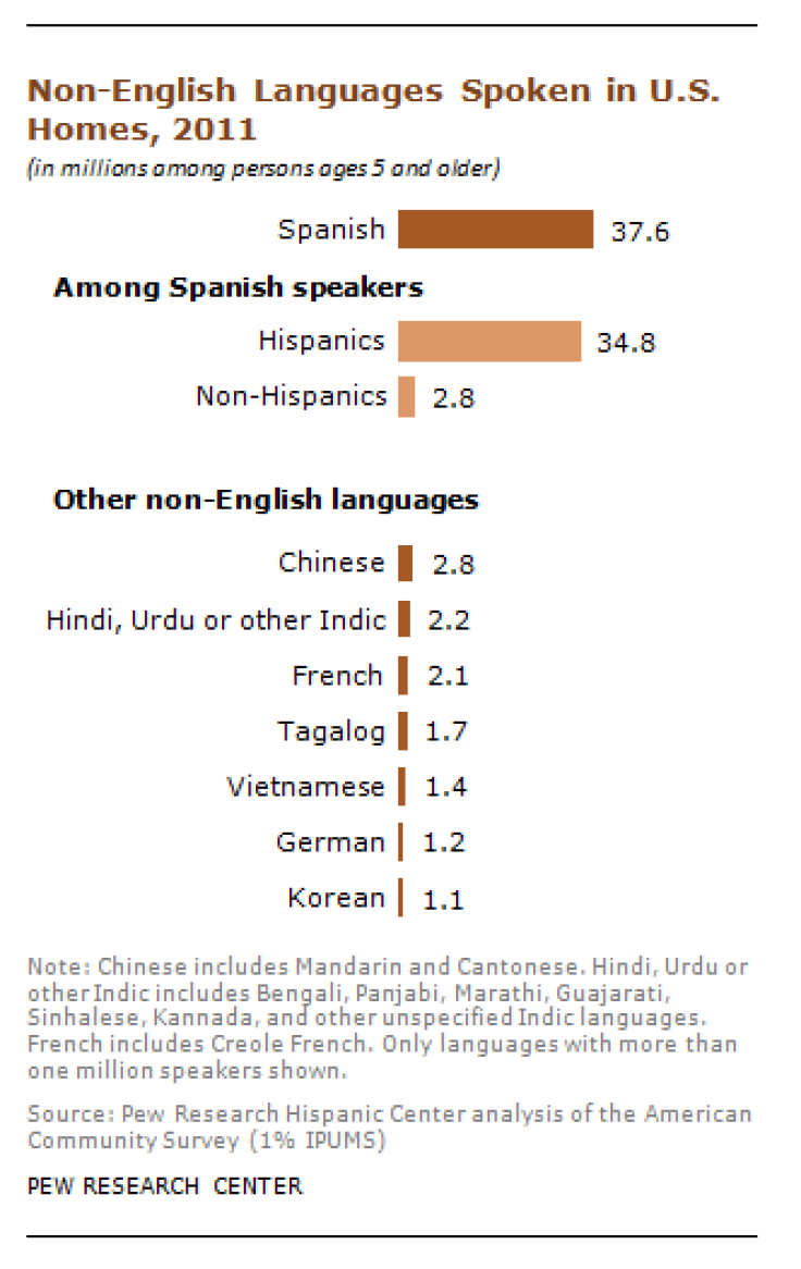 A graph of non-English languages spoken in US homes in 2011.