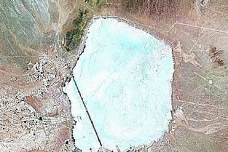 A satellite image of Area 51 from 2000 shows dry Groom Lake just northeast of the site.