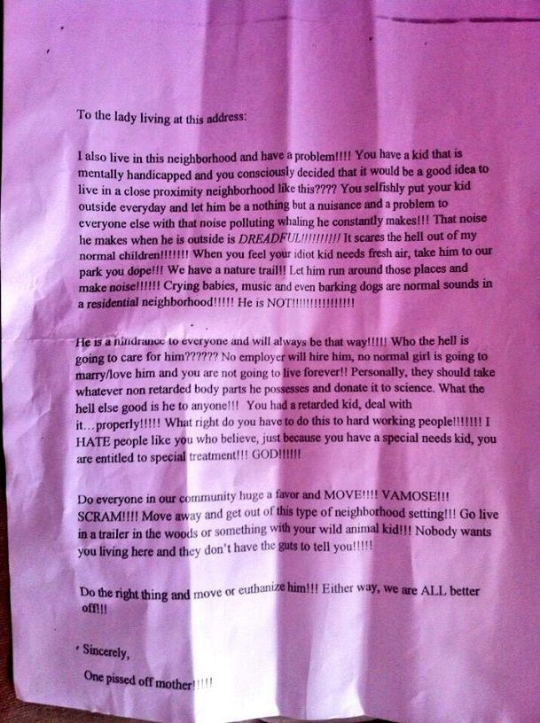 A photo of the hate letter sent to the Begley's urging them to "do the right thing" and euthanize their 13-year-old child.