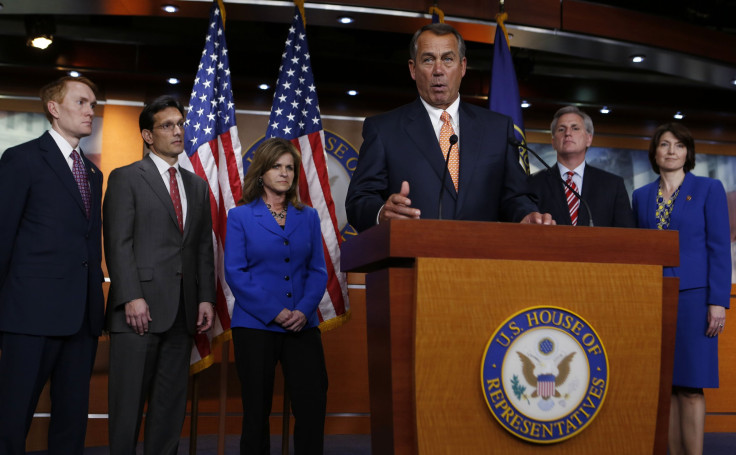 Speaker of the House John Boehner (R-Ohio) speaks at a press conference with members of the House Republican Conference in March.