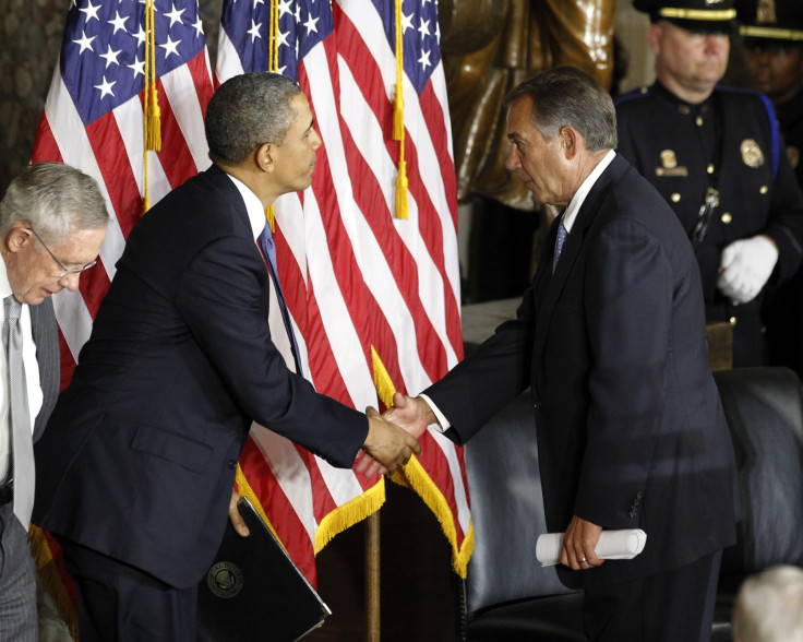 Obama and House Speaker John Boehner (R-Ohio) shake hands in February during the unveiling of a statue in honor of civil rights activist Rosa Parks.