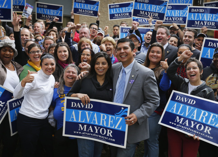 San Diego mayoral candidate and City Councilman David Alvarez and wife Xochitl at an election day rally on Nov. 19.