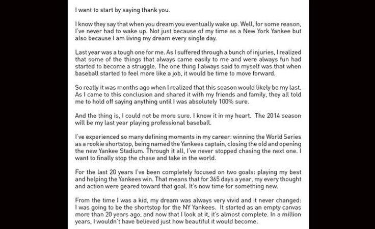Derek Jeter Letter To Fans