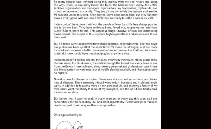 Derek Jeter Letter To Fans, Continued