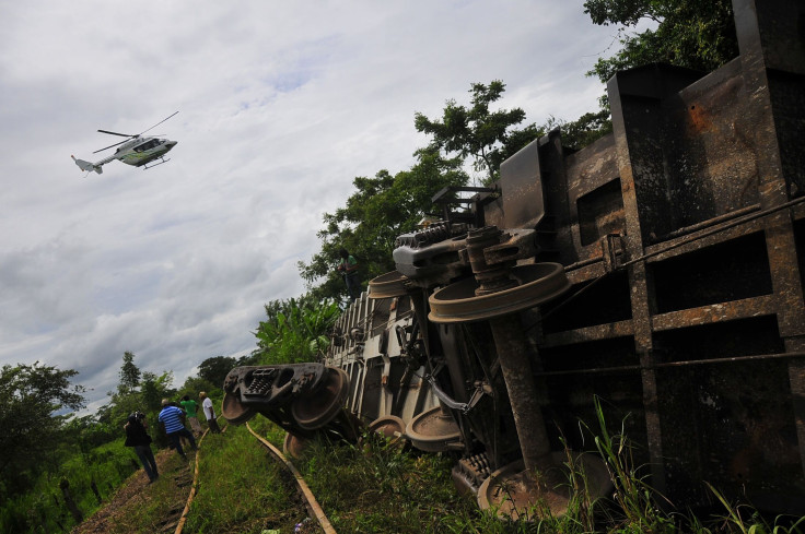 An overturned train carrying migrants in the Mexican state of Tabasco.  