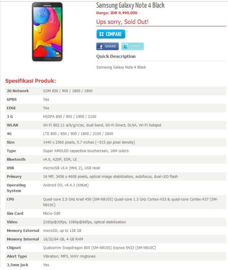 Samsung Galaxy Note 4 Specs