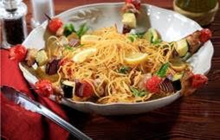 Grilled Spaghetti with a Grilled Chicken and Vegetable Skewer and a Simple Garlic and Herb Sauce