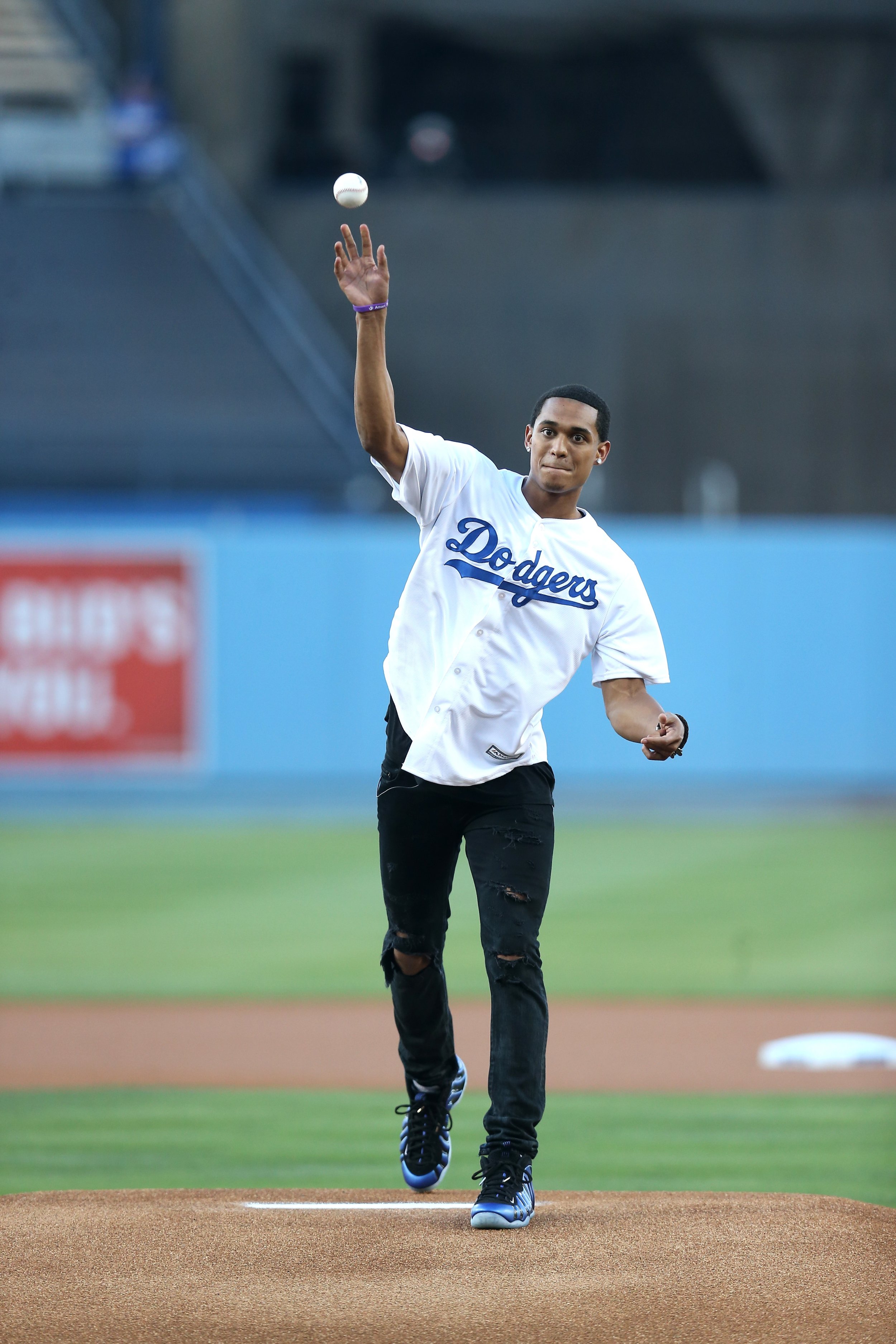 Jordan Clarkson Throws A Perfect Strike During Lakers Night At Dodger