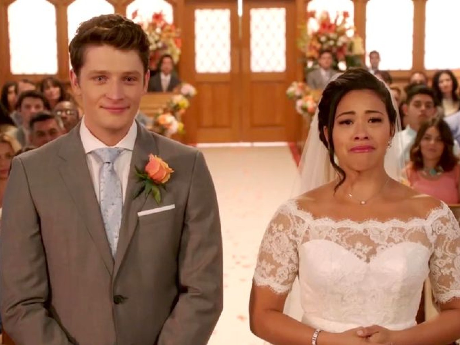 jane the virgin orange dress ASTR Orange The Label Lace Midi Dress worn by Xiomara Villanueva (Andrea Navedo) in Jane the Virgin (Season 05 Episode 19)