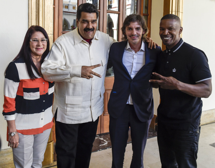 First Lady Cilia Flores, President Nicolas Maduro and actors Jamie Foxx and Lukas Haas