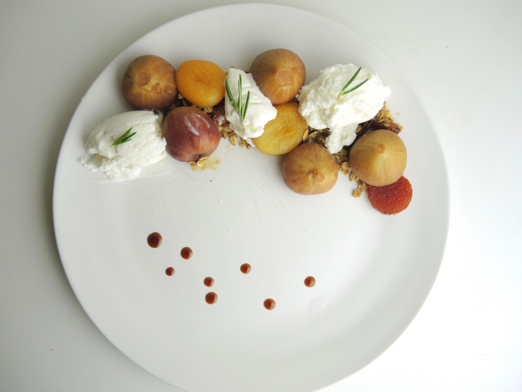 Rosemary Figs, Roasted Apricot, Prunes, Quince, Fig Reduction, Rosemary Buttermilk Ice cream 