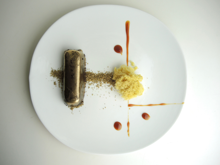 Terrine of Chocolate, Pistachio Sponge, Goat Milk Salted Toffee, Gold and Pumpkin Seed Dust