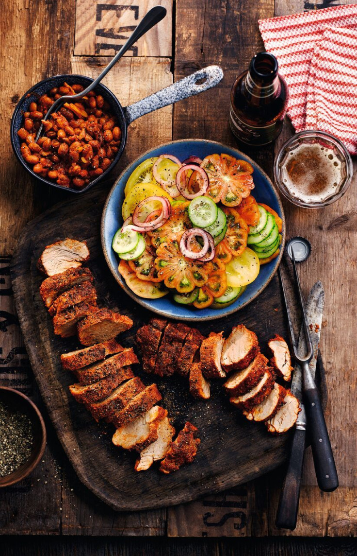 BBQ Pork and beans with fresh tomato salad