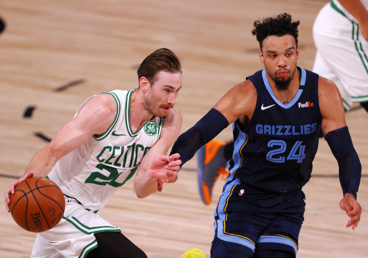 Gordon Hayward #20 of the Boston Celtics drives the ball as Dillon Brooks #24 of the Memphis Grizzlies