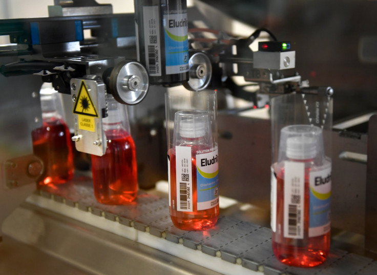 Eludril mouthwash are seen on the production line at the plant of French multinational pharmaceutical company "Pierre Fabre", in Gien