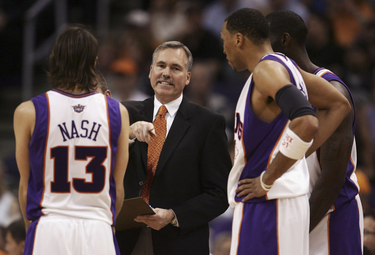 Steve Nash #13 of the Phoenix Suns discusses a play with head coach Mike D'Antoni