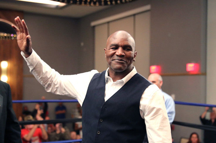 Evander Holyfield gestures during the Evan Holyfield v Travis Nero boxing match at Hard Rock Hotel Daytona