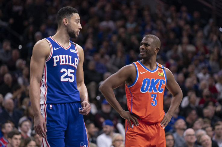 Ben Simmons #25 of the Philadelphia 76ers talks to Chris Paul #3 of the Oklahoma City Thunder