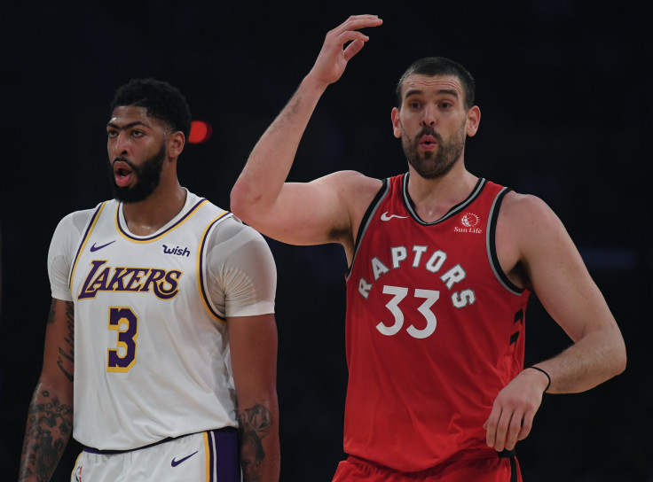 Marc Gasol #33 of the Toronto Raptors reacts to play in front of Anthony Davis #3 of the Los Angeles Lakers