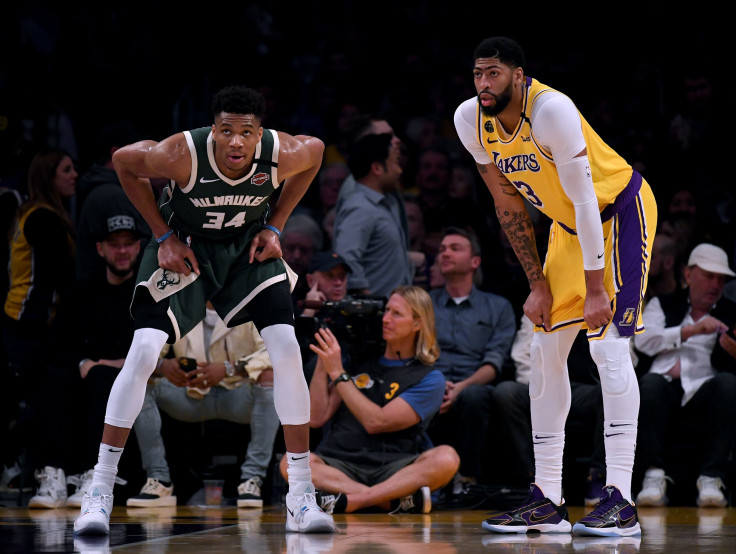  Giannis Antetokounmpo #34 of the Milwaukee Bucks and Anthony Davis #3 of the Los Angeles Lakers