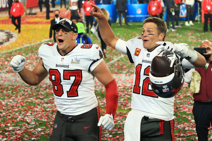 Rob Gronkowski #87 and Tom Brady #12 of the Tampa Bay Buccaneers