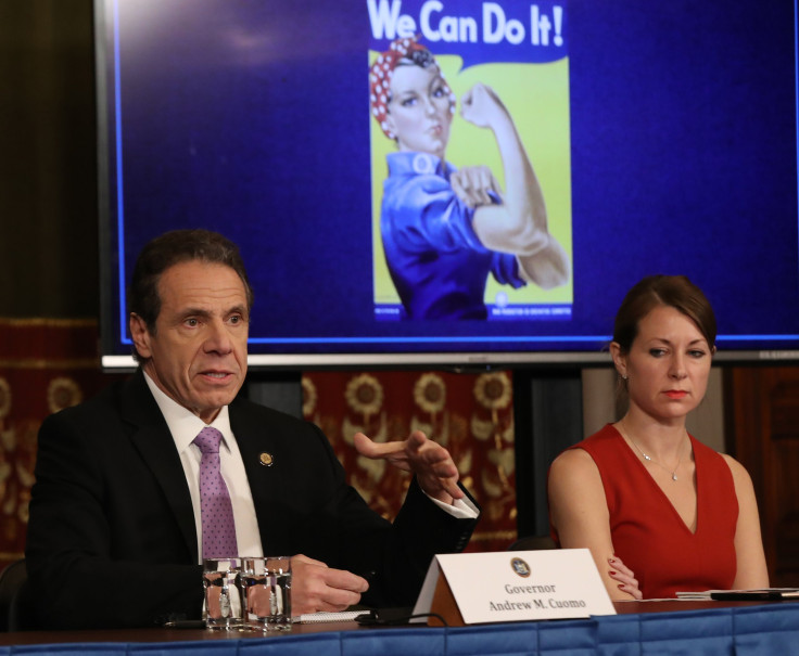New York Governor Andrew Cuomo (L) speaks during his daily news conference with Secretary to the Governor Melissa DeRosa (R) on March 20, 2020 in New York City.