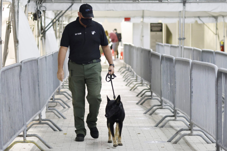 Miami Heat K-9 handler Wayne Weseman walks Happy, a COVID-19 detection dog, prior to the game between the Miami Heat and the Los Angeles Clippers at American Airlines Arena