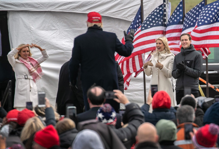 White House Chief spokesperson Kayleigh McEnany (L), Ivanka Trump and Jared Kushner greet President Donald Trump following a campaign rally on November 01, 2020 in Washington, Michigan. 