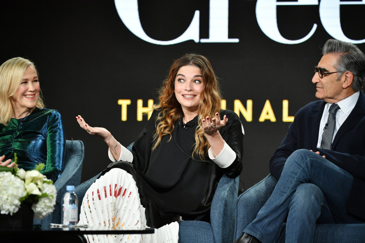 Catherine O'Hara, Annie Murphy and Eugene Levy of "Schitt's Creek" speak during the Pop TV segment of the 2020 Winter TCA Press Tour at The Langham Huntington, Pasadena