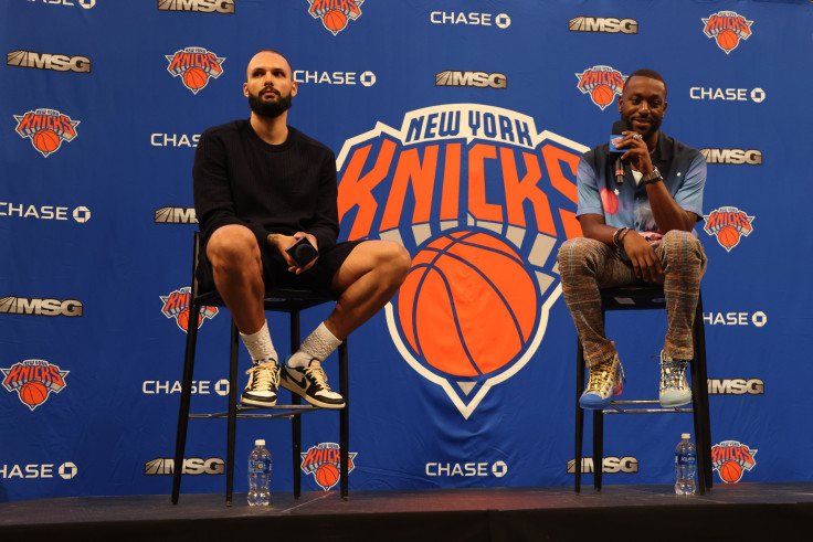 Evan Fournier #13 and Kemba Walker #8 of the New York Knicks 