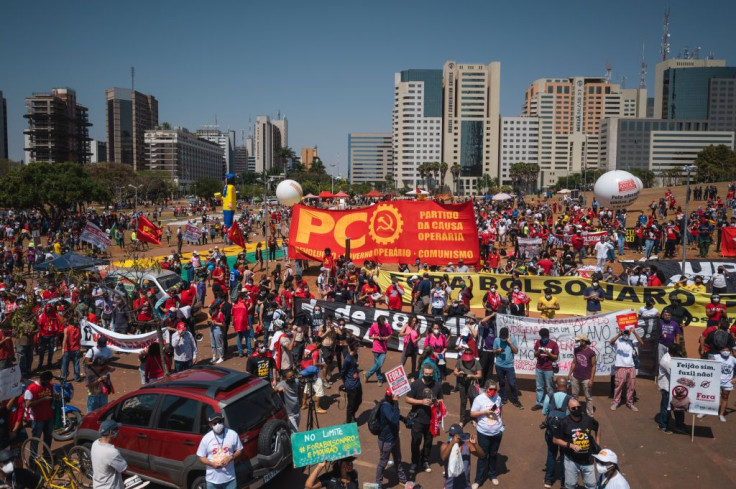 Citizens and members of different associations and parties gather during a protest against the government of President Jair Bolsonaro