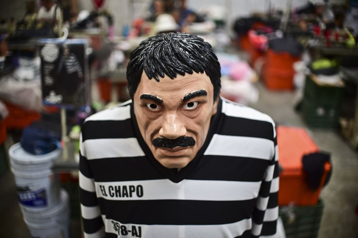 A costume and a mask representing Mexican drug trafficker Joaquin Guzman Loera, aka 'El Chapo'