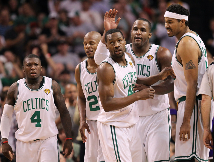 (L-R) Nate Robinson #4, Ray Allen #20, Tony Allen #42, Glen Davis #11 and Rasheed Wallace #30 of the Boston Celtics