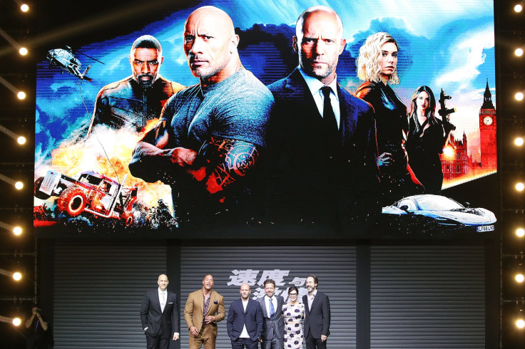 Producer Hiram Garcia, Dwayne Johnson, Jason Statham, Director David Leitch, Kelly McCormick and Screenwriter Chris Morgan attends the "Fast & Furious: Hobbs & Shaw" fans Meeting and China Press Conference