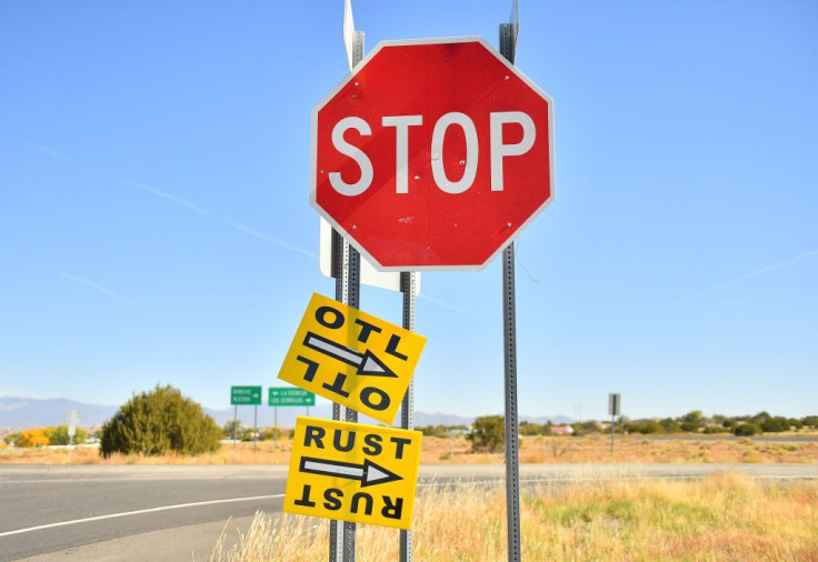 A sign leads to the movie 'Rust' set