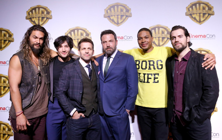 Ray Fisher, Ezra Miller, director Zack Snyder, Henry Cavill, Ben Affleck and Jason Momoa attend the CinemaCon 2017
