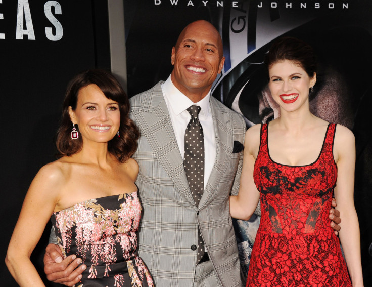 Actors Carla Gugino, Dwayne 'The Rock' Johnson and Alexandra Daddario arrive at the 'San Andreas' 