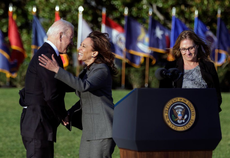 U.S. Vice President Kamala Harris hugs President Joe Biden