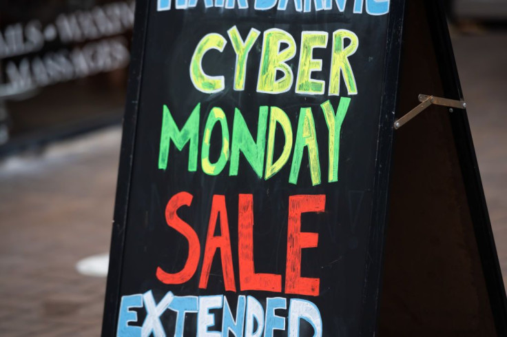 A sign that reads, "Cyber Monday sale" is posted outside a store