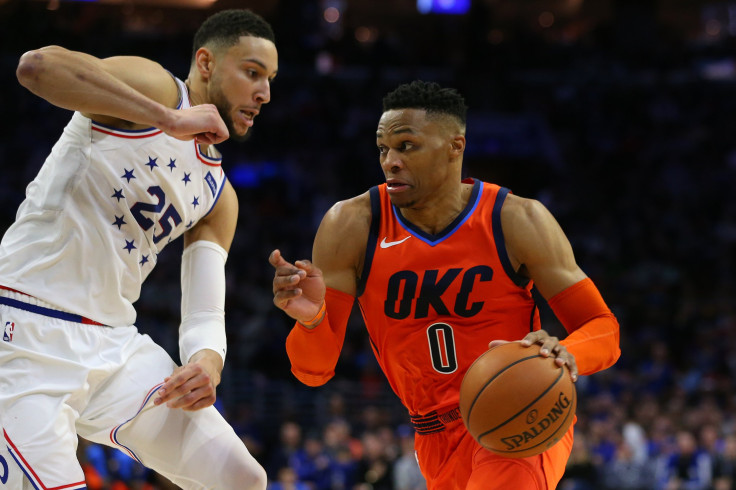 Russell Westbrook #0 of the Oklahoma City Thunder in action against Ben Simmons #25 of the Philadelphia 76ers