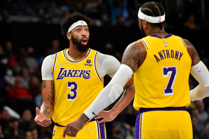 Anthony Davis #3 of the Los Angeles Lakers and Carmelo Anthony #7 of the Los Angeles Lakers