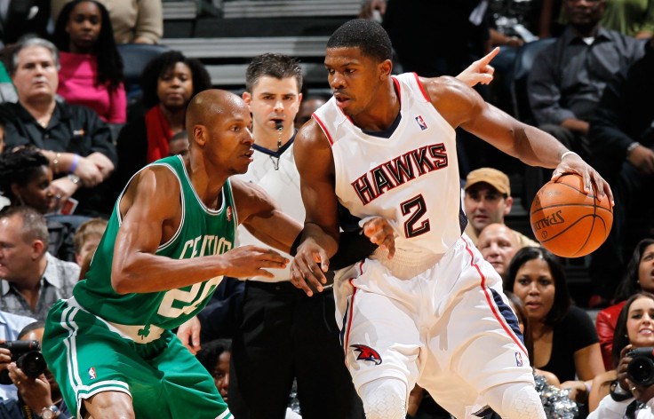 Ray Allen #20 of the Boston Celtics against Joe Johnson #2 of the Atlanta Hawks