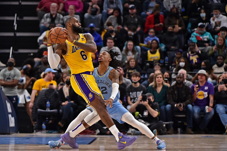  Memphis Grizzlies guard Ja Morant #12 guards Los Angeles Lakers forward LeBron James #6