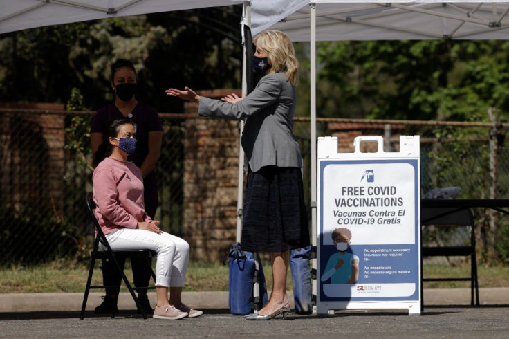 US first lady Jill Biden visits a coronavirus disease (Covid-19) mobile vaccination clinic at Jordan Park in Salt Lake City, Utah,