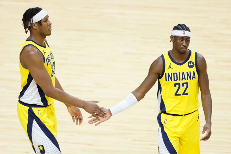 Myles Turner #33 and Caris LeVert #22 of the Indiana Pacers