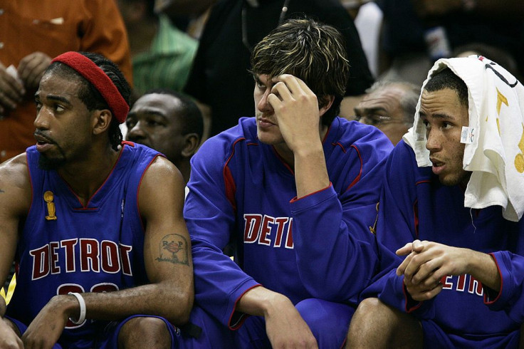 Richard Hamilton #32, Darko Milicic #31 and Teyshaun Prince #22 of the Detroit Pistons