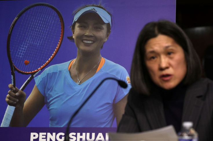 A photo of Chinese tennis player Peng Shuai is on display as Yaxue Cao testifies
